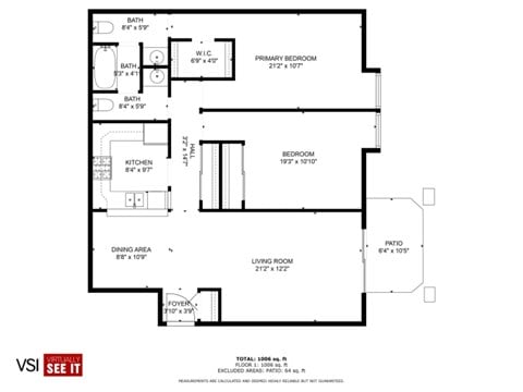 Floor plan for 2 beds, 1.5 baths, 1000 sqft