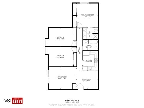 Floor plan for 3 beds, 2 baths, 1175 sqft