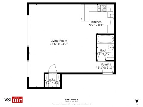 Floor plan for studio, 1 bath, 500 sqft