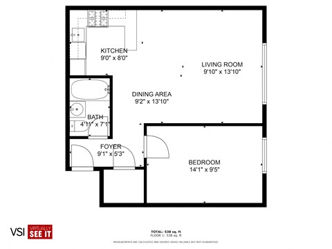 Floor plan for 1 bed, 1 bath, 600 sqft
