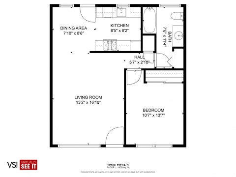 Floor plan for 1 bed, 1 bath, 650 sqft