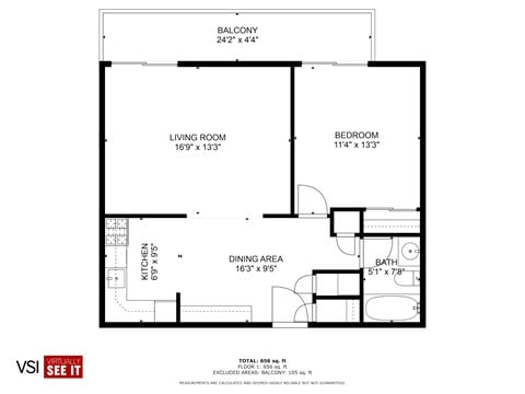 Floor plan for 1 bed, 1 bath, 605 sqft