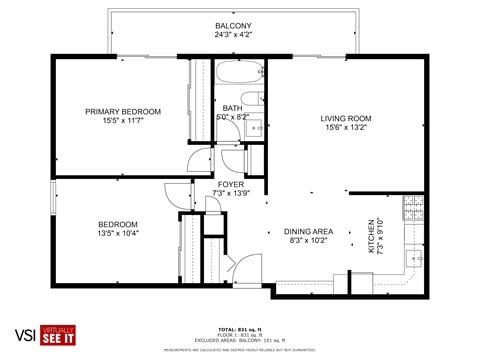 Floor plan for 2 beds, 1 bath, 890 sqft