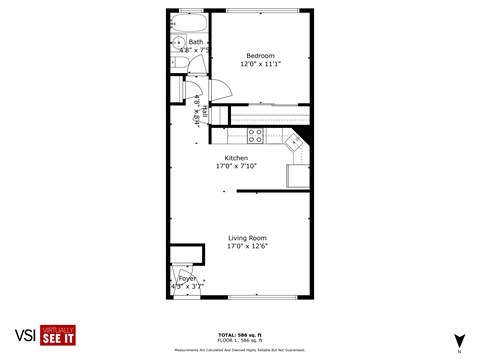 Floor plan for 1 bed, 1 bath, 600 sqft