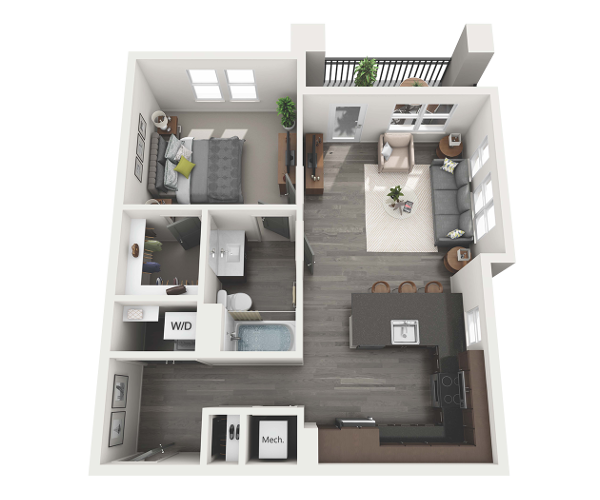 Floor plan for 1 bed, 1 bath, 767 sqft