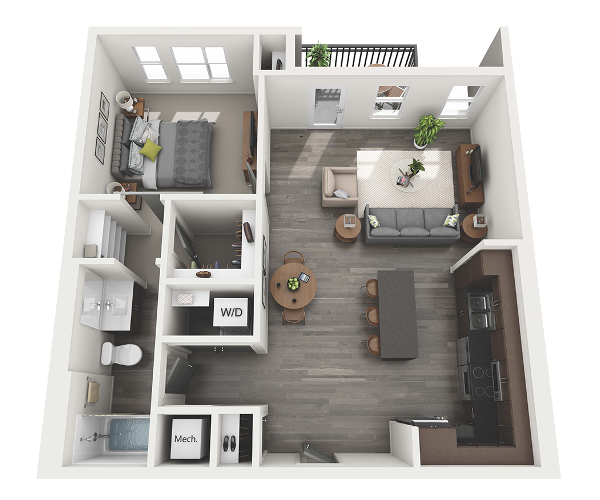 Floor plan for 1 bed, 1 bath, 883 sqft