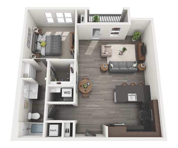 Floor plan for 1 bed, 1 bath, 921 sqft
