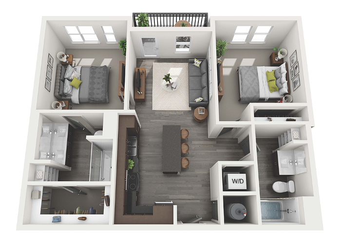 Floor plan for 2 beds, 2 baths, 964 sqft