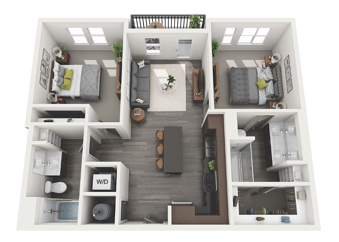 Floor plan for 2 beds, 2 baths, 971 sqft