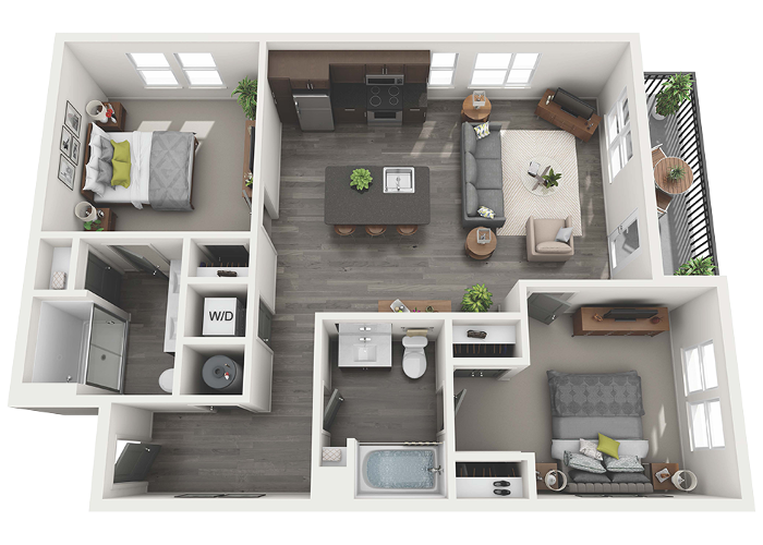 Floor plan for 2 beds, 2 baths, 1079 sqft