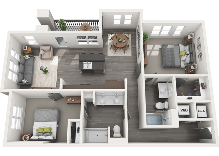 Floor plan for 2 beds, 2 baths, 1084 sqft