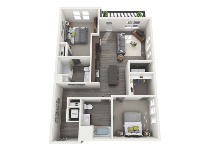 Floor plan for 2 beds, 2 baths, 1097 sqft