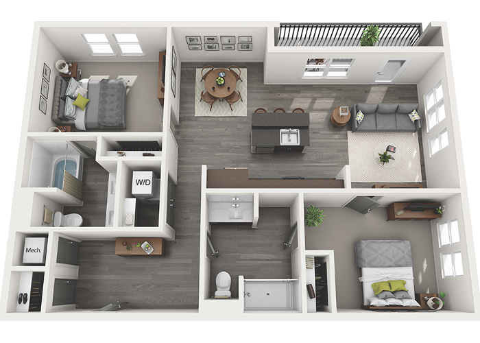 Floor plan for 2 beds, 2 baths, 1123 sqft