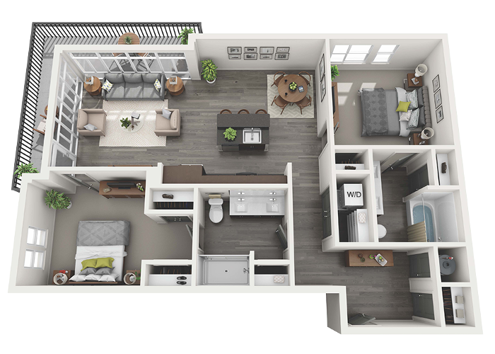Floor plan for 2 beds, 2 baths, 1192 sqft