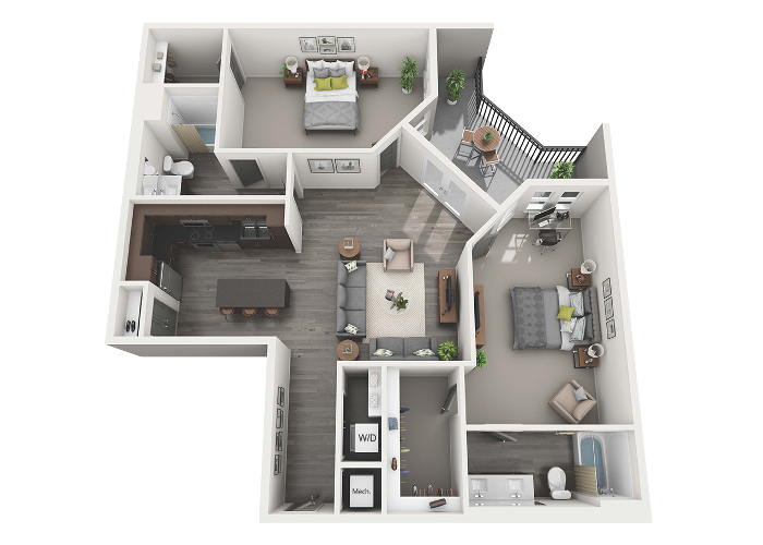 Floor plan for 2 beds, 2 baths, 1399 sqft
