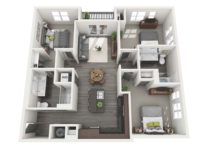Floor plan for 3 beds, 2 baths, 1267 sqft