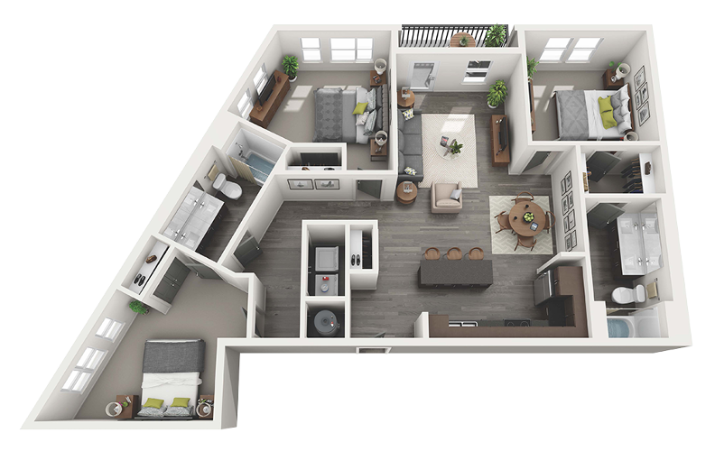 Floor plan for 3 beds, 2 baths, 1359 sqft
