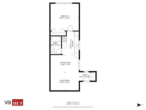Floor plan for 1 bed, 1 bath, 550 sqft