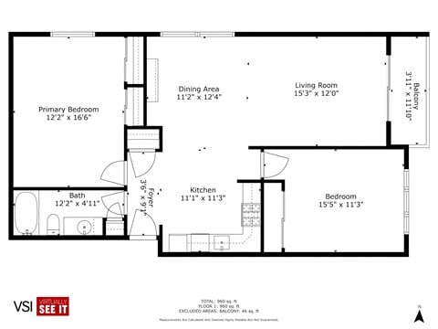 Floor plan for 2 beds, 1 bath, 960 sqft