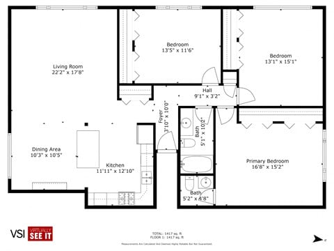 Floor plan for 3 beds, 1.5 baths, 1420 sqft