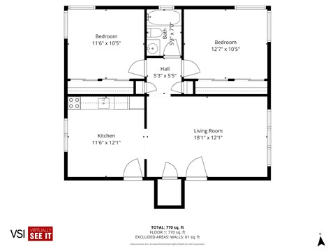 Floor plan for 2 beds, 1 bath, 770 sqft