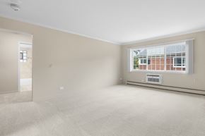 Naperville apartment for rent - A room with a carpeted floor and a window overlooking a brick building.