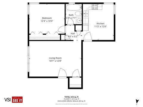 Floor plan for 1 bed, 1 bath, 630 sqft