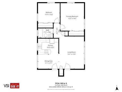 Floor plan for 2 beds, 1 bath, 840 sqft