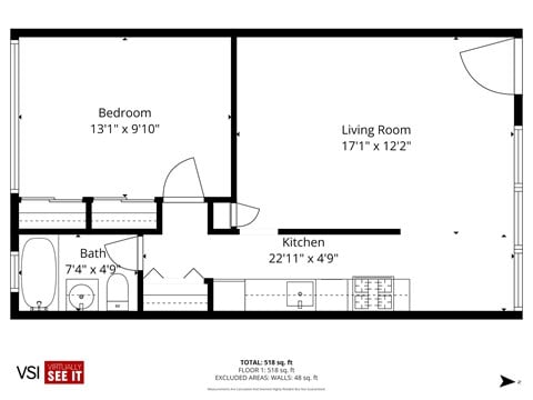 Floor plan for 1 bed, 1 bath, 530 sqft