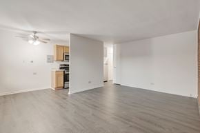 Downers Grove apartment for rent - A spacious room with a ceiling fan and a kitchenette in the corner.