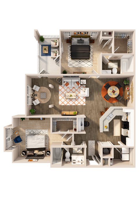 Floor plan for 2 beds, 2 baths, 1264 sqft