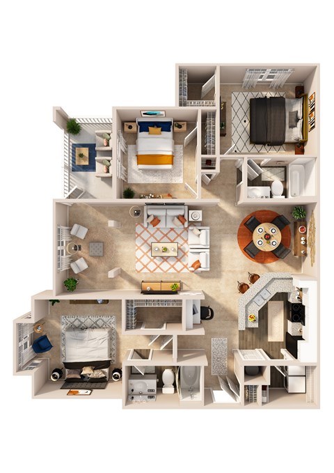 Floor plan for 3 beds, 2 baths, 1441 sqft