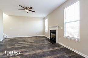 Fuquay-Varina house for rent - a living room with a fireplace and a ceiling fan