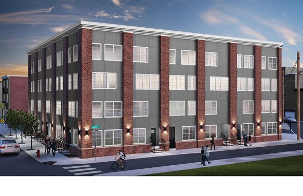 Philadelphia apartment for rent - a rendering of a brick apartment building with pedestrians and cyclists