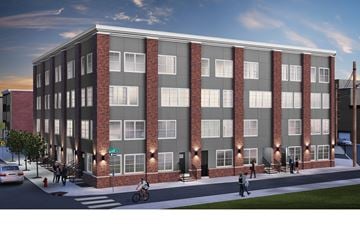 Philadelphia apartment for rent - a rendering of a brick apartment building with pedestrians and cyclists