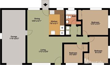 Kettering apartment for rent - A floor plan of an apartment with a garage, two bedrooms, a living room, a dining room, a kitchen, and a bathroom.