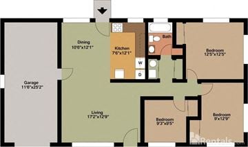 Kettering apartment for rent - A floor plan of an apartment with a garage, two bedrooms, a living room, a dining room, a kitchen, and a bathroom.