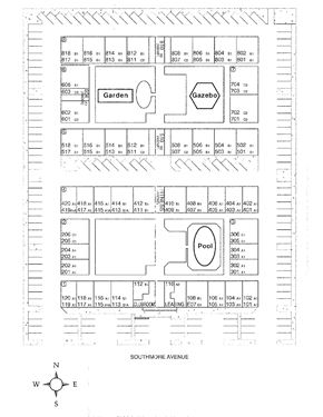 Pasadena apartment for rent - A map of a property with a garden and pool.