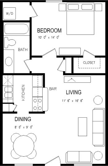 Floor plan for 1 bed, 1 bath, 630 sqft