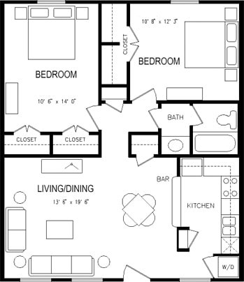Floor plan for 2 beds, 1 bath, 740 sqft