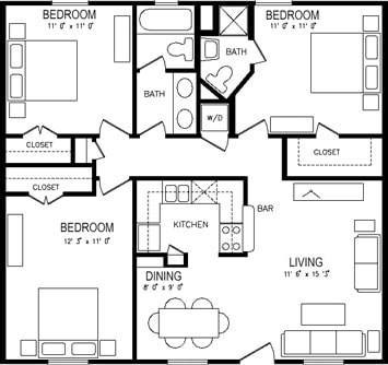 Floor plan for 3 beds, 2 baths, 1132 sqft