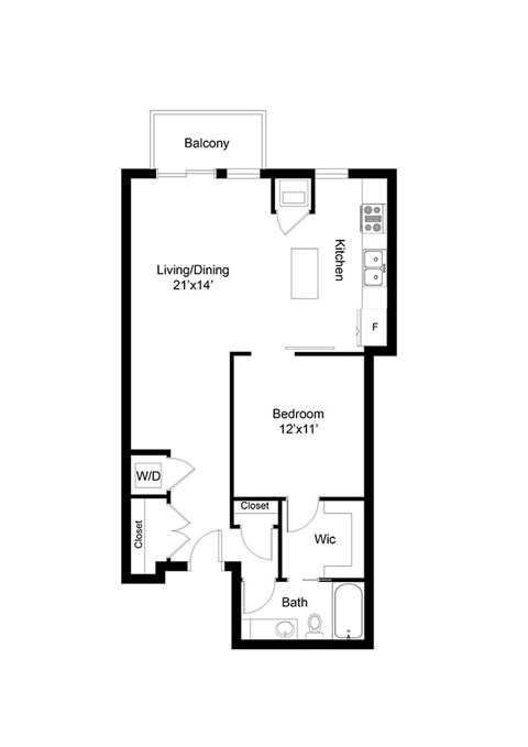 Floor plan for 1 bed, 1 bath, 813 sqft