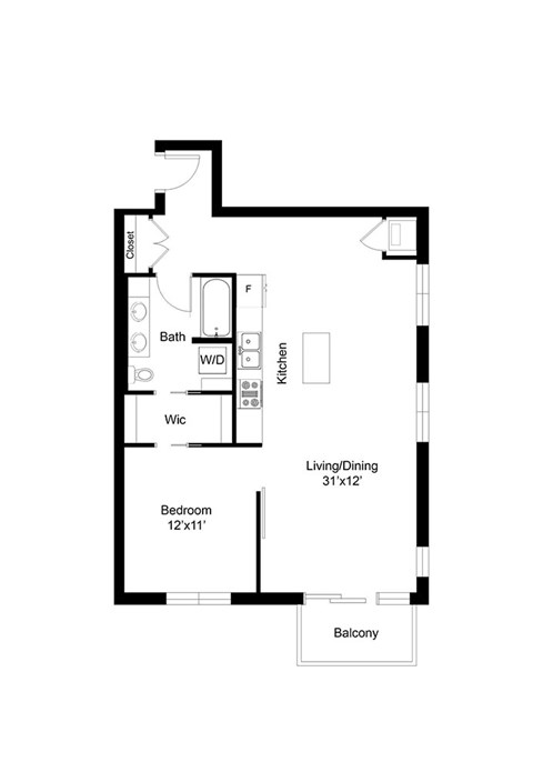 Floor plan for 1 bed, 1 bath, 835 sqft