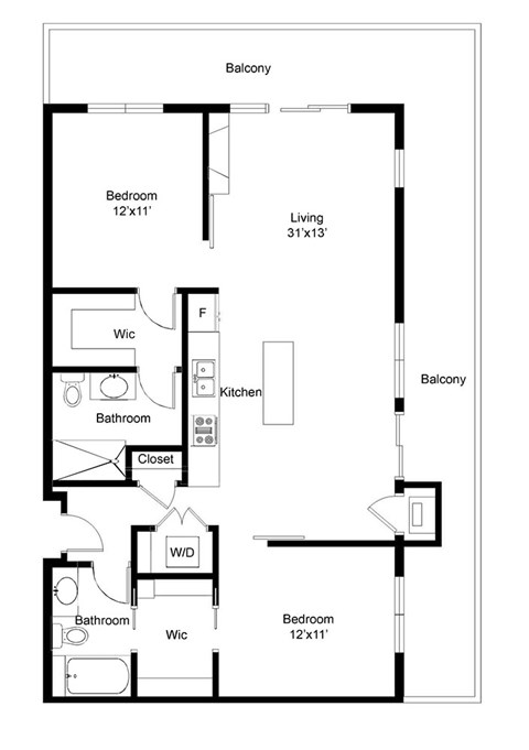 Floor plan for 2 beds, 2 baths, 1130 sqft