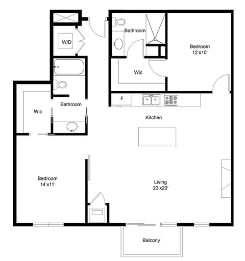 Floor plan for 2 beds, 2 baths, 1156 sqft