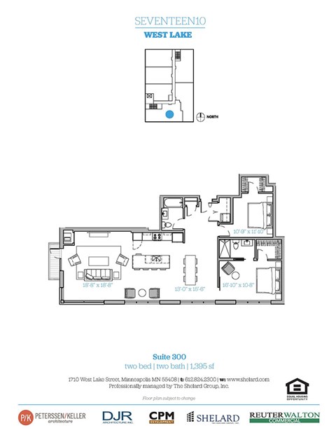 Floor plan for 2 beds, 2 baths, 1395 sqft