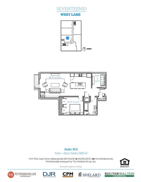 Floor plan for 2 beds, 1 bath, 929 sqft