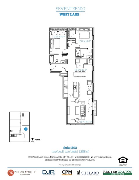 Floor plan for 2 beds, 2 baths, 1388 sqft