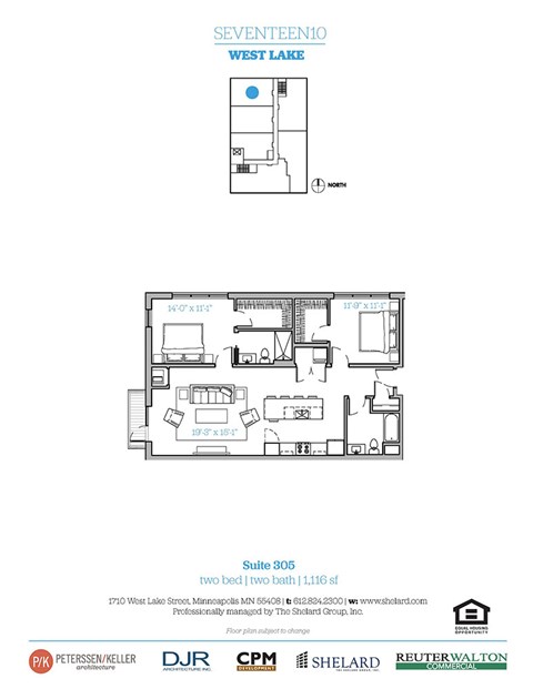 Floor plan for 2 beds, 2 baths, 1116 sqft