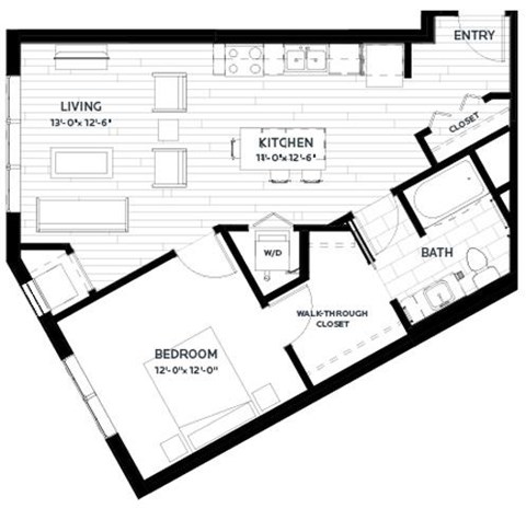 Floor plan for 1 bed, 1 bath, 763 sqft